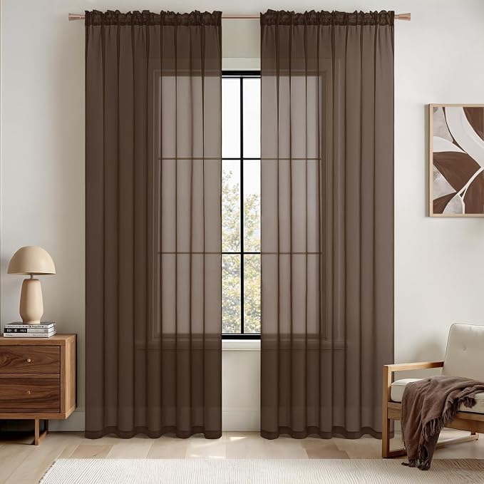 MIULEE Short Chocolate Brown Sheer Curtains 54 X 45 Inches, 2 Panels Set | by MIULEE
