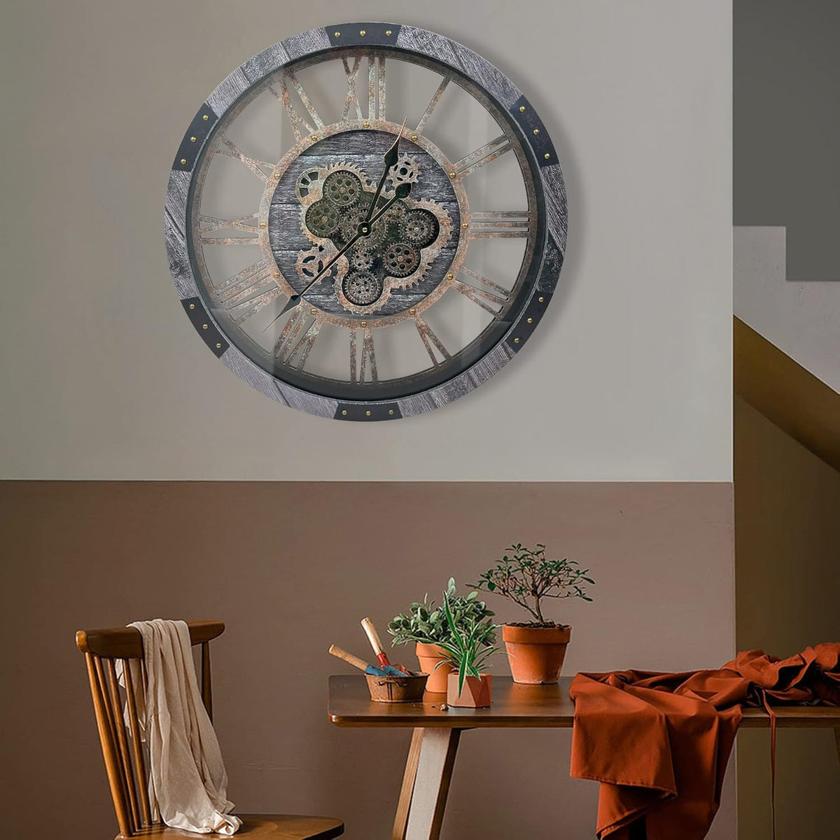 DORBOKER 24" Large Wall Clock with Moving Gears,Oversize Vintage Industrial Rustic Farmhouse Clocks for Living Room Decor Office Home,Solid Wood HD Tempered Glass Cover,Carbon Grey