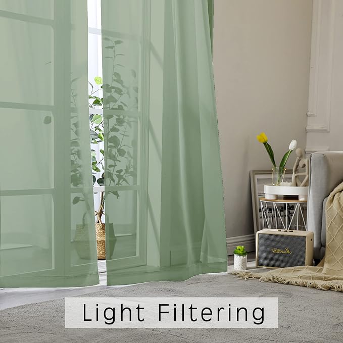 Sheer Curtains, Sage Green Sheer Curtains 63 inch Length 2 Panels Set, Rod - Image 2