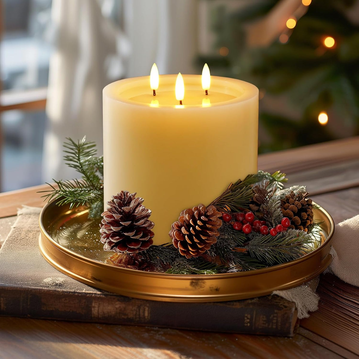 Amagic 3 Wicks Extra Large Flameless Candles, Battery Operated Candles with Remote Control and Timers, 6-inch Diameter LED Pillar Candles, Real Wax, Liquid Effect, Ivory, 6"x6"