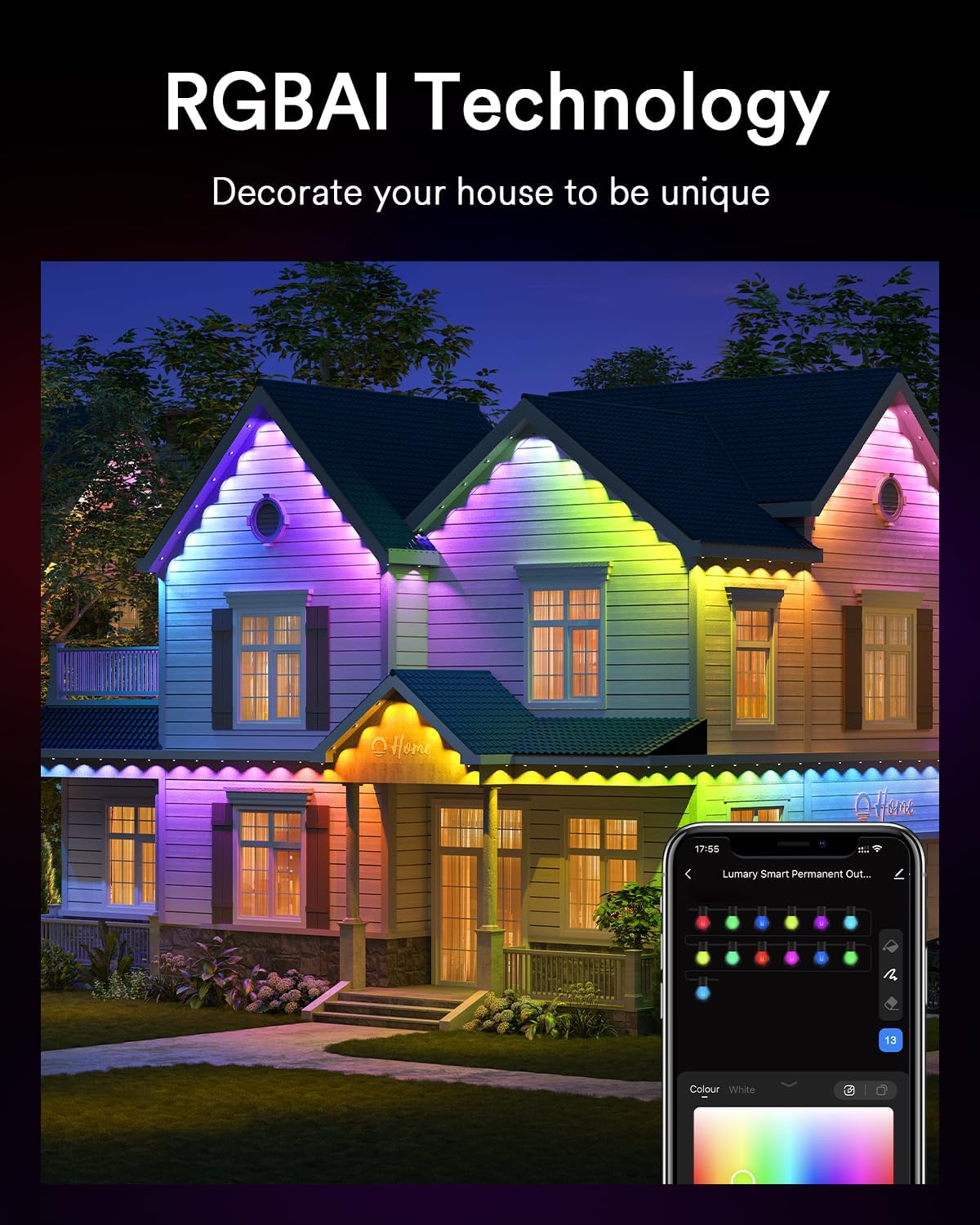 Lumary Permanent Outdoor Lights Pro 158ft for House, 120LED 50lm RGBAICW Smart Eave Lights, IP67 Waterproof, Multi Scenes for Daily and Holiday Accent Lighting Decor, Work with Alexa, Google, Remote