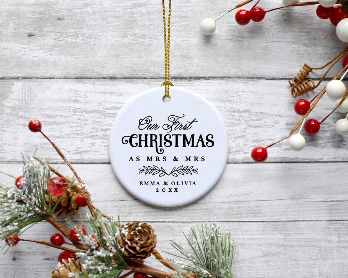 Andaz Press Personalized Our First Christmas As Mrs. & Mrs. 2025 Christmas Ornaments Laurel Wreath Leaves 2.8" Round Porcelain Ceramic Lesbian Married Couple Gay Women Newlyweds Keepsake 1-Pack