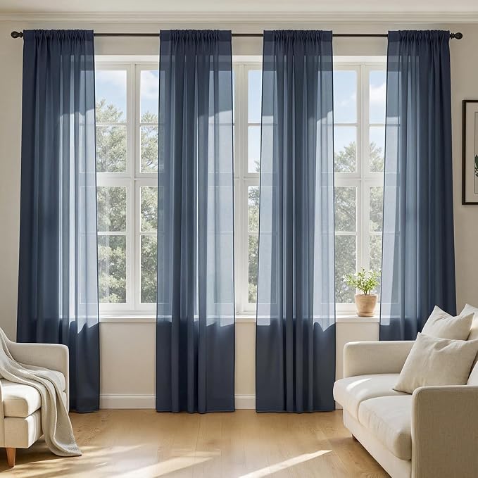 MIULEE Navy Blue Sheer Curtains 90 Inches Long 4 Panels 54 x 90 Inches | Light by MIULEE