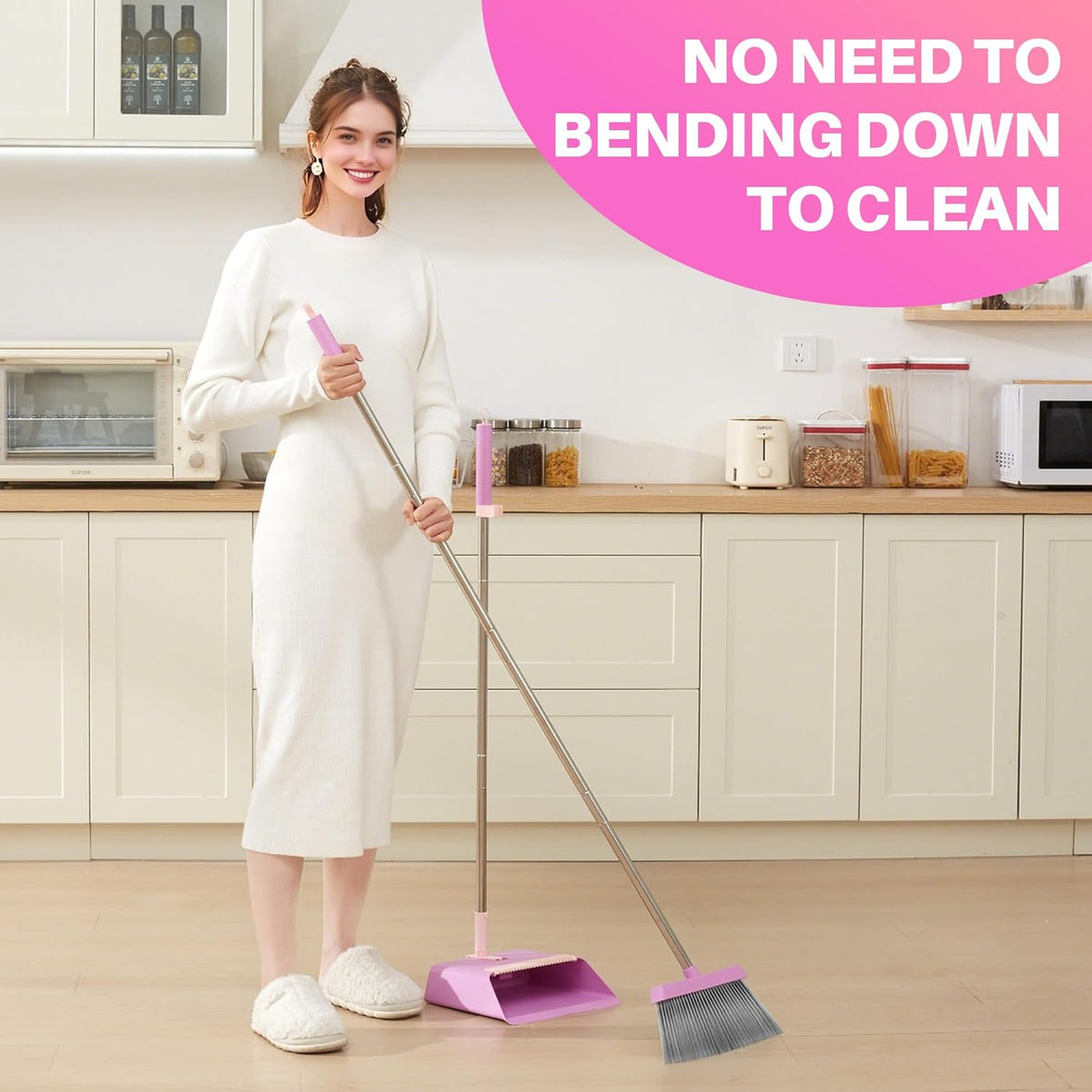 JOYMOOP Pink Broom and Dustpan Set, Upright Angle with Built-in Comb Teeth for Kitchen, Lobby, Pet Hair and Hard Floors