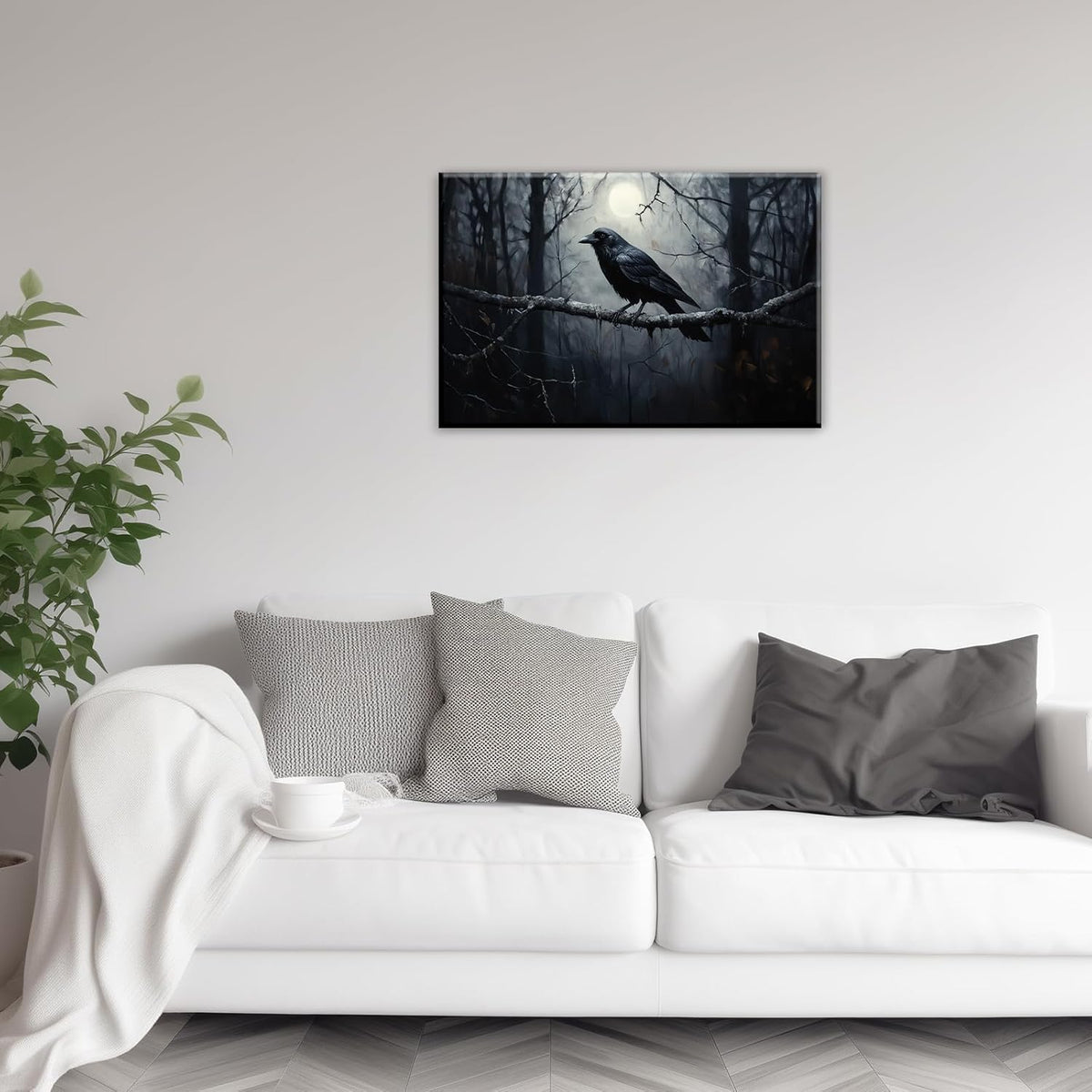 OAAPITI Crow Canvas Wall Art Black Crow Stand On The Branch Picture Print Moonlit Night Poster Vintage Forest Landscape Painting Artwork Living Room Halloween Decor(Artwork-1,16"x24")