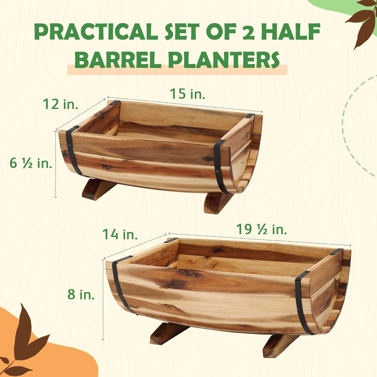 IDZO Solid Acacia Wood Half Barrel Planters Outdoor Set of 2 Different Sizes, Wooden Planters for Outdoor Plants with Metal Bands & Drainage Holes, Legs Included, Natural