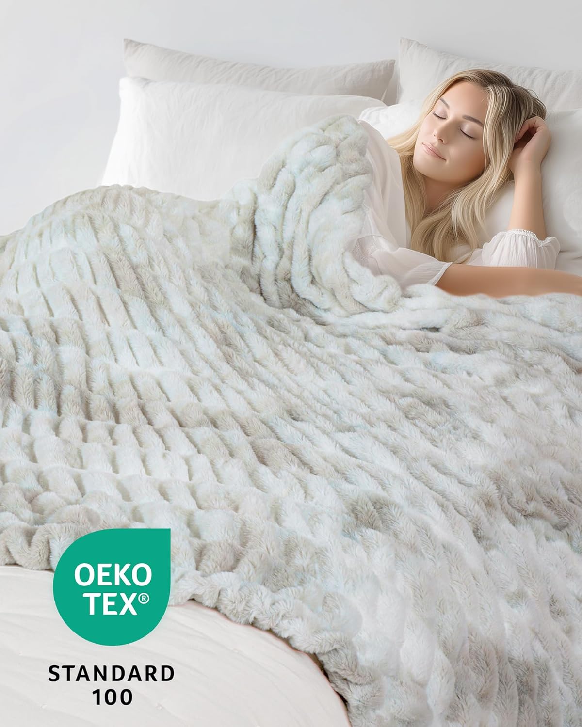 Faux Fur Blanket, Twin Size Oversized Throw Blanket for Couch, Fluffy Blanket with Stretch Ruched Design, Ultra Soft Giftable Home Decor, 60x80 inches, Tie-Dyed in White and Gray