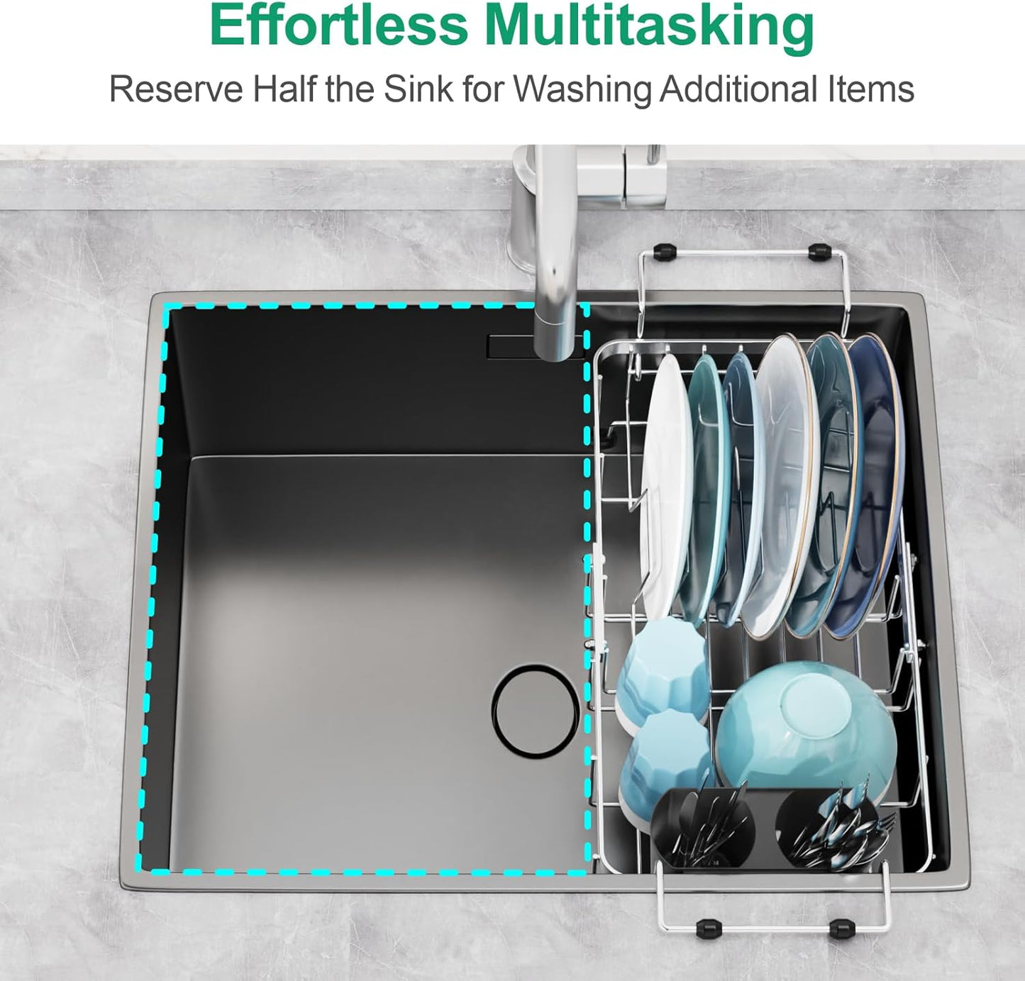 GSlife Expandable in Sink Dish Drying Rack Small with Silicone Mat - Stainless Steel Capacity Adjustable Over The Sink Dish Rack with Utensil Holder for Counter or Inside Sink (12.4" -16.8"), Silver