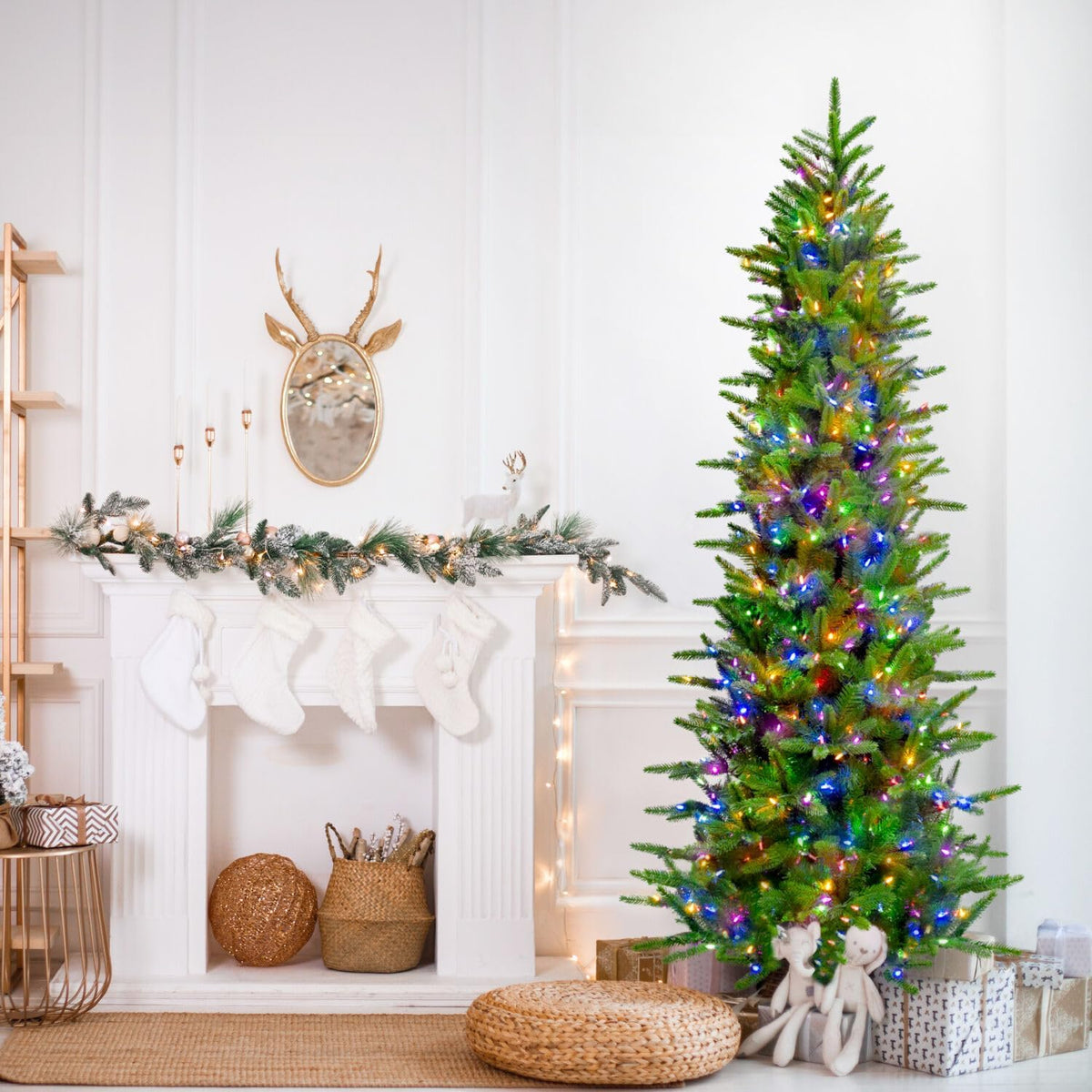 Fraser Hill Farm 9-Ft. Carmel Pine Slim Artificial Christmas Tree with Dual Multicolor & Warm White LED Lights and Stand, Prelit Foldable Fake Tree with Realistic Foliage for Home Decoration