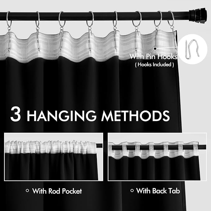 MIULEE Black Back Tab Blackout Curtains 52x94 Inch Long 2 Panels Set | Rod - Image 3