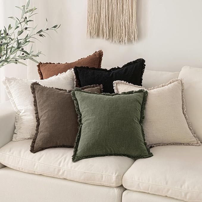 MIULEE Linen Fringe Decorative Fall Pillow Covers Chocolate Brown 26x26 | Set - Image 5