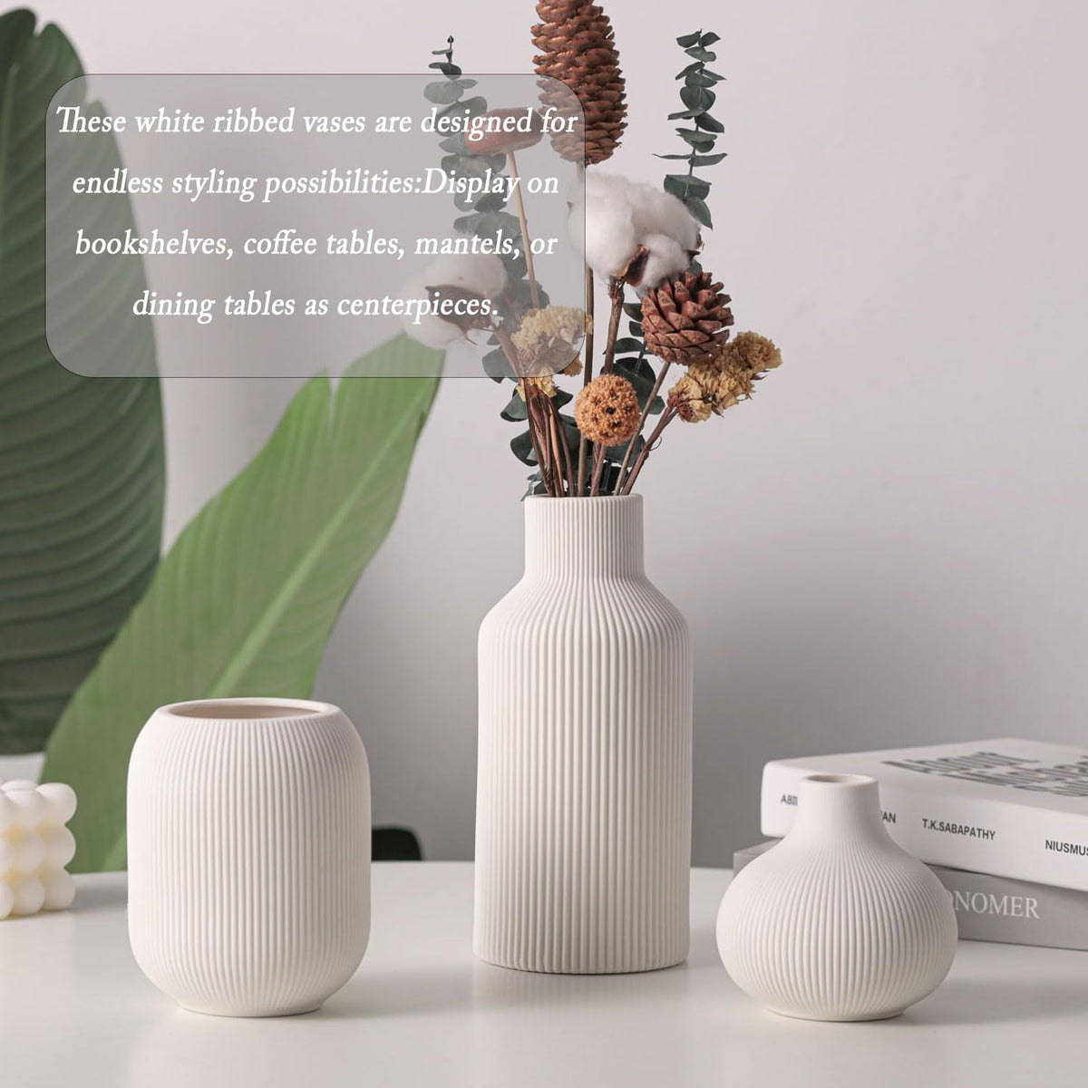 Ceramic Vase Set of 3, Decorative Vases Home Decor Modern Minimalist Pottery Vases for Bouquet Pampas Grass Dried Fresh Flowers, Bookshelf, Living Room, Shelf, Bedroom, Entryway Mantel Decor-White