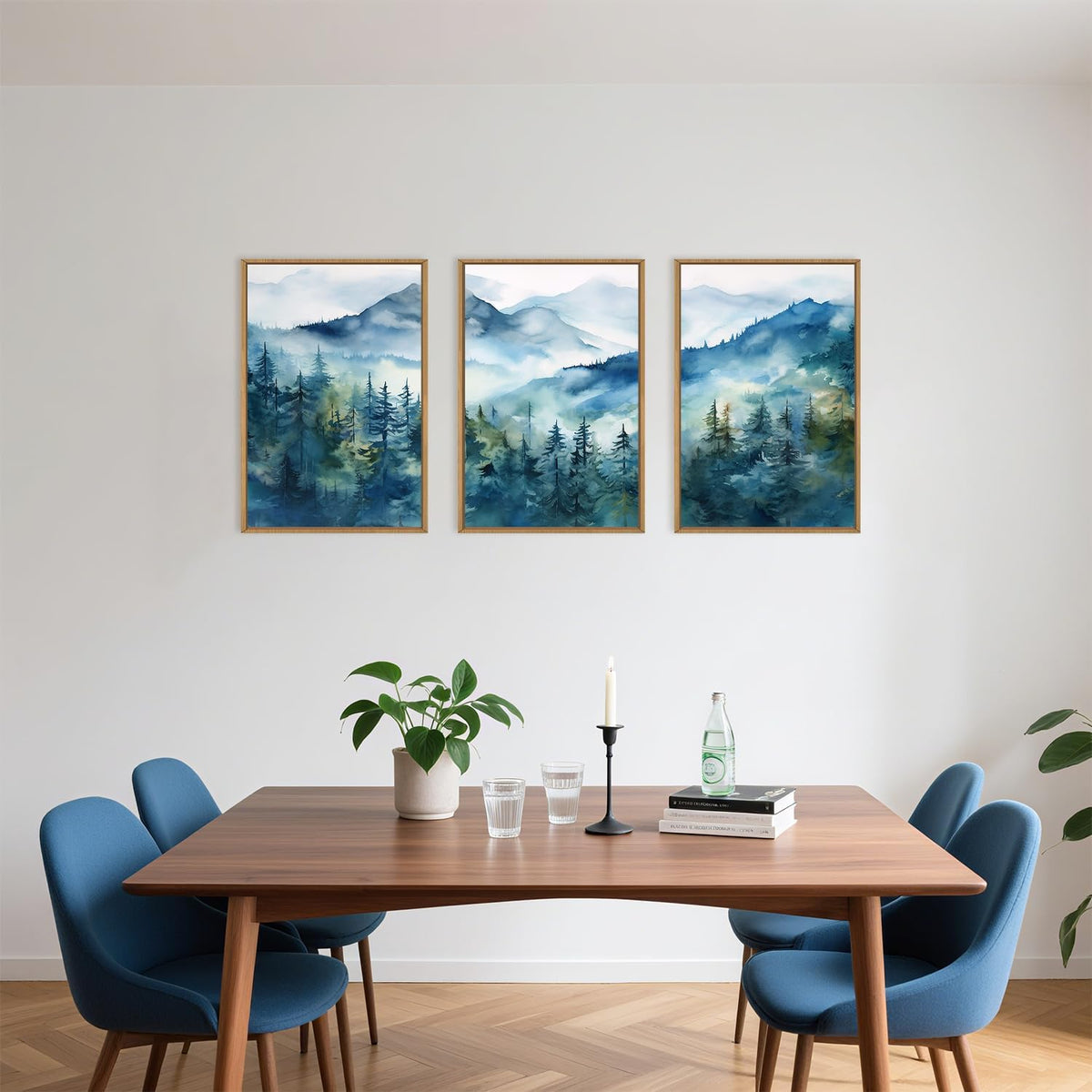 Celestdeco Blue Ridge Mountains Forest Framed Canvas Wall Art Set, Natural Landscape Wall Decor, Green Pine Trees Wall Painting, Woodland Artworks for Living Room, Bedroom, Dining Room - 24"x36"x3