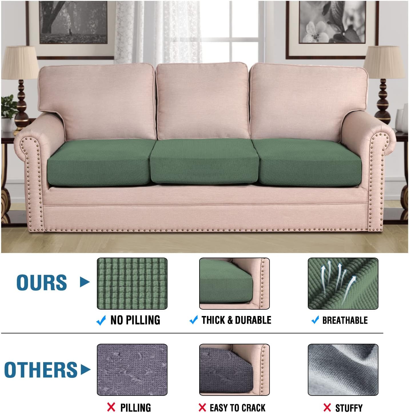 H.VERSAILTEX Super Stretch Individual Seat Cushion Covers - Sofa & Couch Cushion Slipcover Sets - Thick Jacquard Textured Twill Fabric (3 Piece XL Sofa Cushion Covers, Loden Frost)