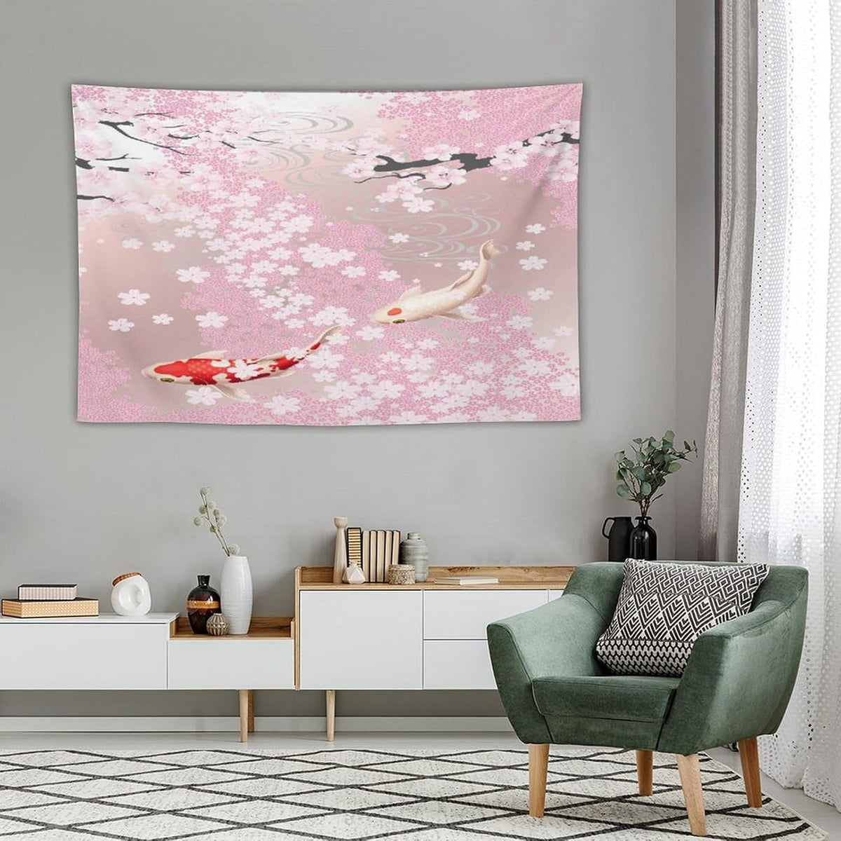 Houselerax Japanese Koi Fish Tapestry, Cherry Blossoms Asian Oriental Pink Flower Branch Koi Fish Carp Tapestries Wall Hanging for Bedroom Living Room Office Decor 90"x60"