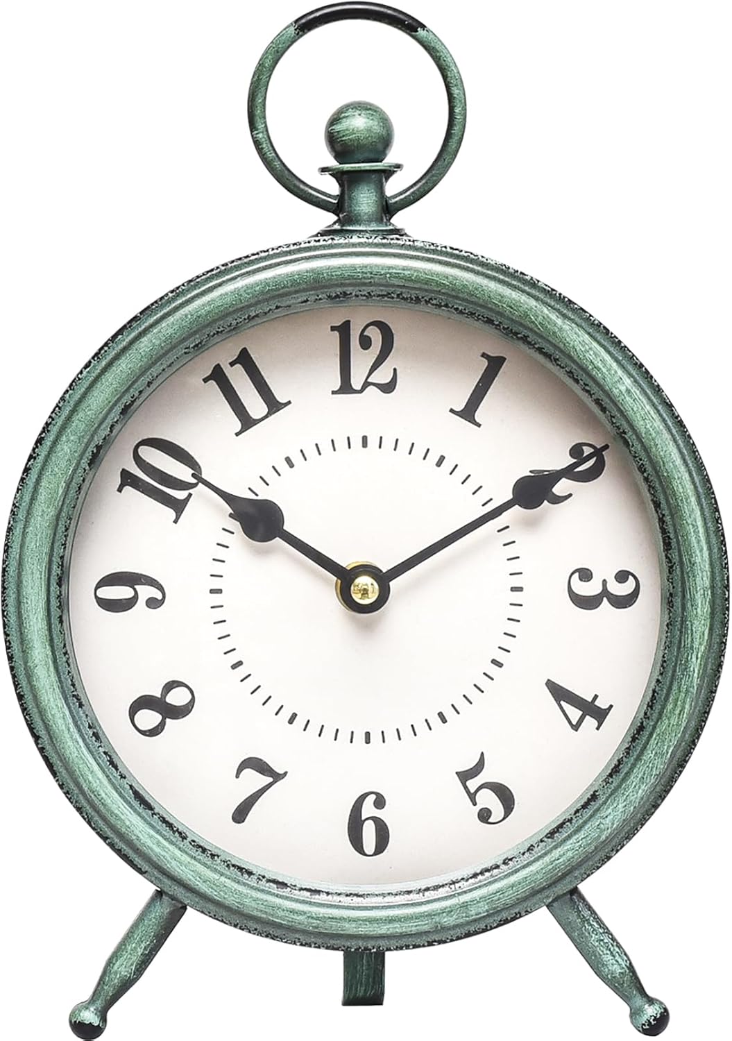 Vintage Rustic Green Table Clock on Stand, Decorative Desk and Shelf Clock，Decorative Battery Operated Table Top Clock for Living Room，Silent Non-Ticking