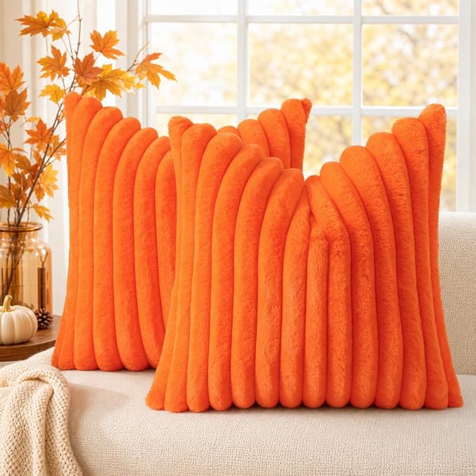 decorUhome Fall Faux Fur Throw Pillow Covers 18x18 Set of 2 Orange | Decorative by decorUhome