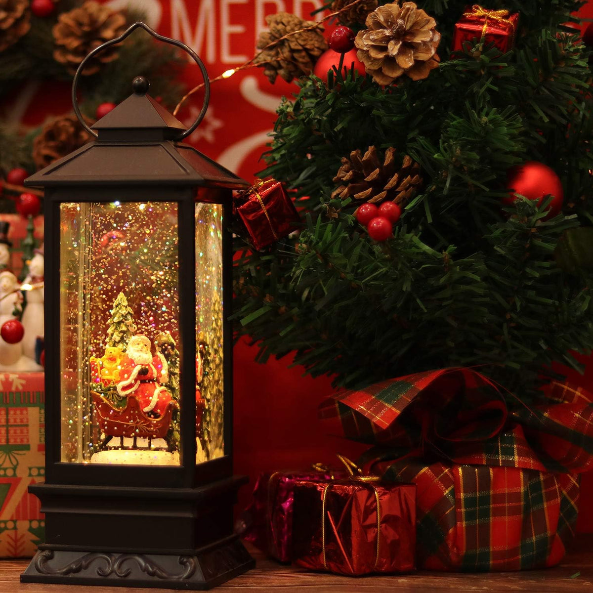 Eldnacele Singing Battery Operated & Plug-in Musical Lighted Christmas Snow Spinning Water Glittering Snow Globe Lantern Home Decoration and Gift, Santa Claus
