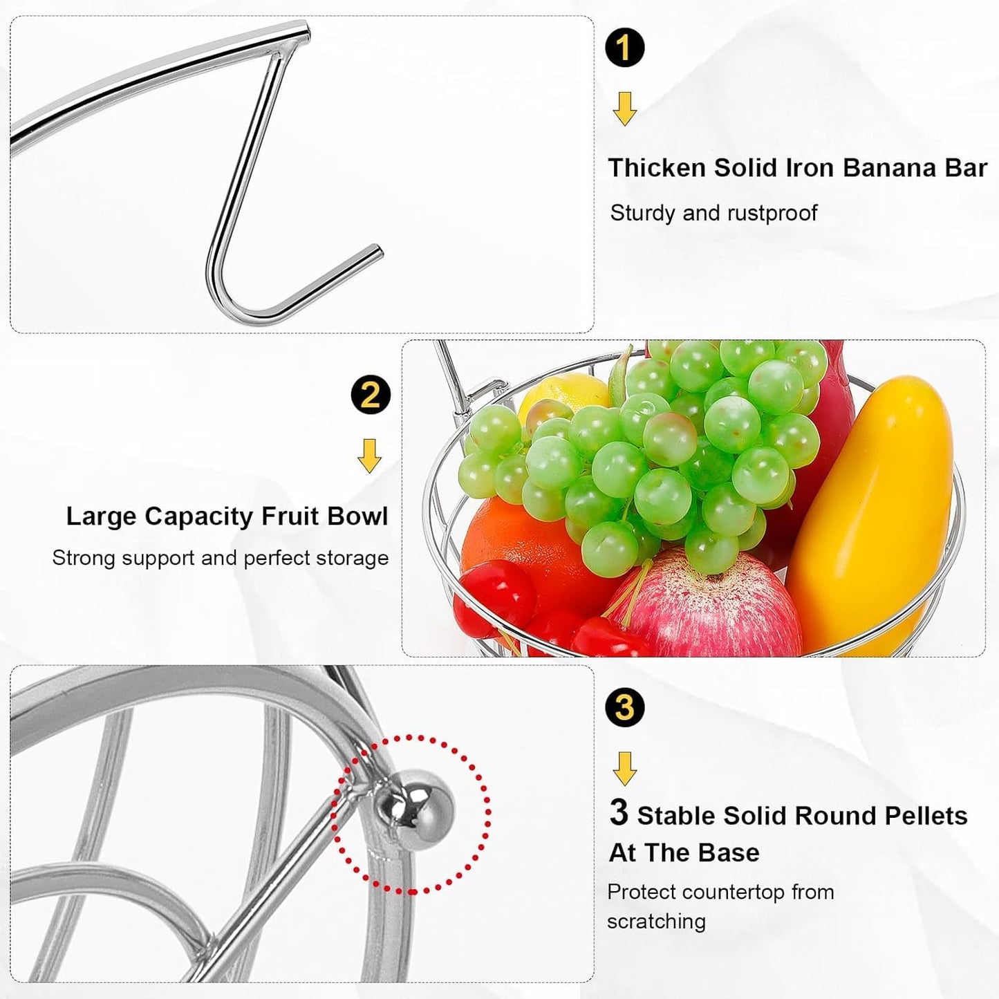 Livabber Countertop Fruit Basket Bowl with Banana Hanger, Modern Standing Fruit Vegetable Bowl Storage, with Banana Tree Holder for Kitchen Dinning Table (Round Metal, Chrome)