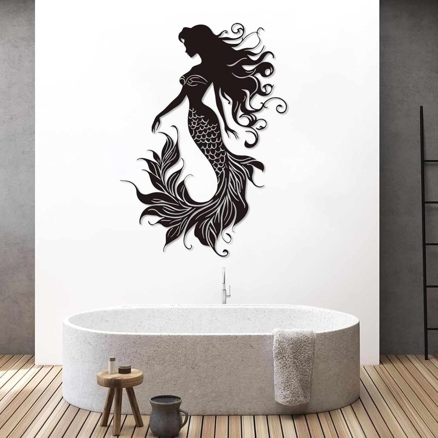 Veplsur Mermaid Metal Wall Art, Metal Mermaid Wall Decor, Marine Biology Wall Decor, Ocean Wall Art, Nautical Wall Hanging, Beach Hanging for Bathroom Bedroom (Silver, 41"x29"|105x75cm)