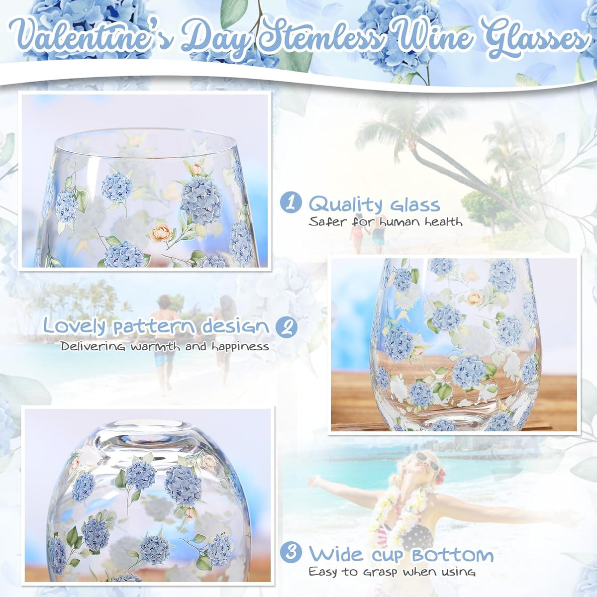 Sliner 2 Pack 17oz Hydrangea Stemless Wine Glasses Spring Summer Floral Drinking Glasses Hydrangea Tumbler Cups for Spring Summer Parties Supplies Birthday Gift