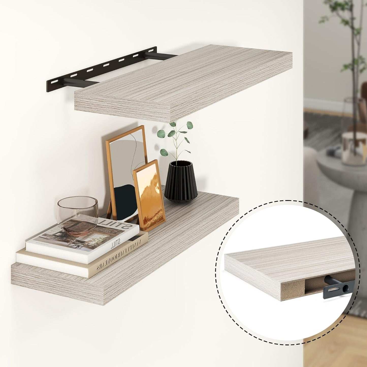 Heimlove 24 inch Floating Shelves for Wall,9.3 inch deep Grey Bathroom Over Toilet Shelf,Wall Mounted Rustic Wood Shelves for Bedroom,Living Room,Kitchen,Office Decor Set of 2-Grey