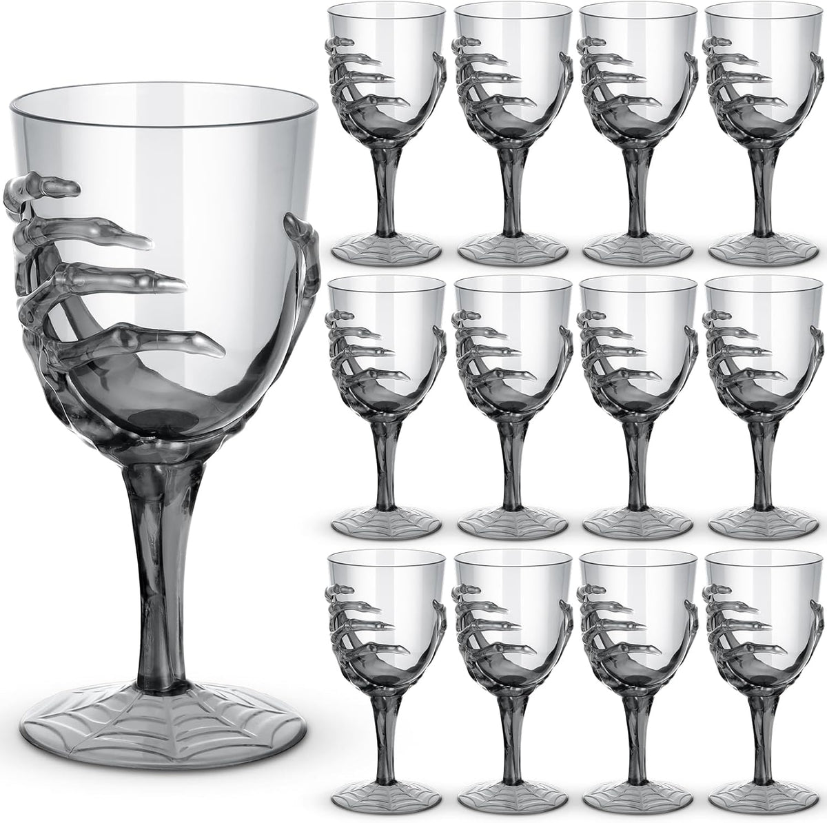 Dandat 12 Pcs Halloween Skeleton Hand Goblets 12oz Clear Plastic Halloween Cups Skull Wine Glass Set for Creepy Spooky Party Decorations (Black)