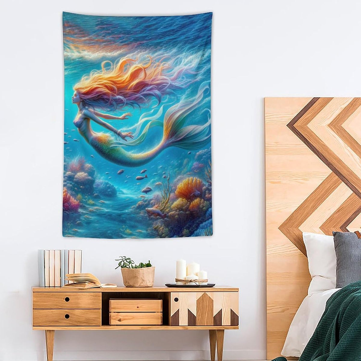 Mermaid Tapestry Ocean Tapestries Coastal Fabric Wall Hanging Aesthetic Space Indoor Outdoor Wall Art Tablecloth Bedspread Decoration for Girl’s Bedroom Dormitory Living Room Home Decor 40"x60"