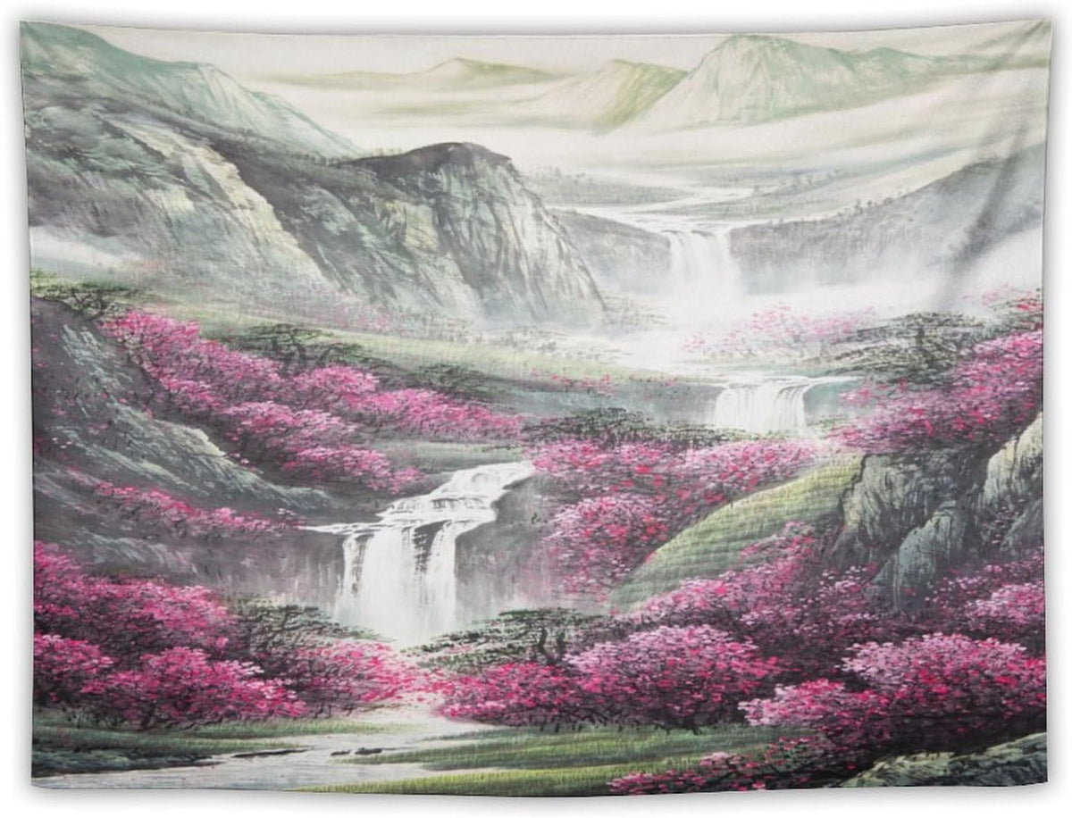 Japanese Tapestry, Red Plum Blossom Mountain, Nature Landscape, Bedroom Living Room Decor, 40"x30"
