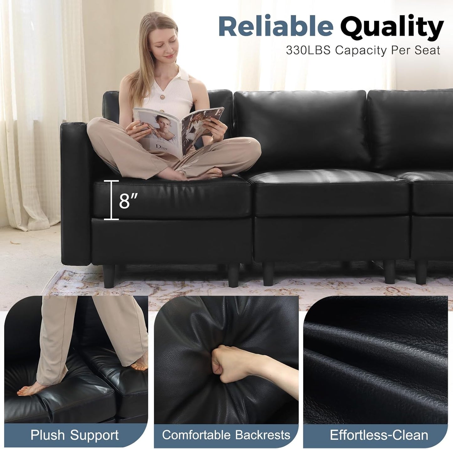 ABCASA 64.6" Faux Leather Loveseat Sleeper Sofa Bed with Storage Seat, Modern Modular Sectional Couch Deep Seat with Reversible Chaise 2-Seat Black for Apartment, Living Room, Bedroom