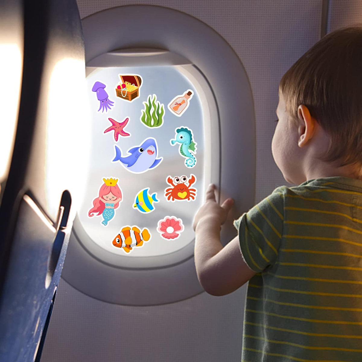 Sea Animals Gel Clings for Kids, 21PCS Thick Vinyl Decals, Cartoon Animal Stickers for Classroom, Home, Nursery, Airplane Birthday Party Supplies, Reusable, Water Resistant, Indoor Usage