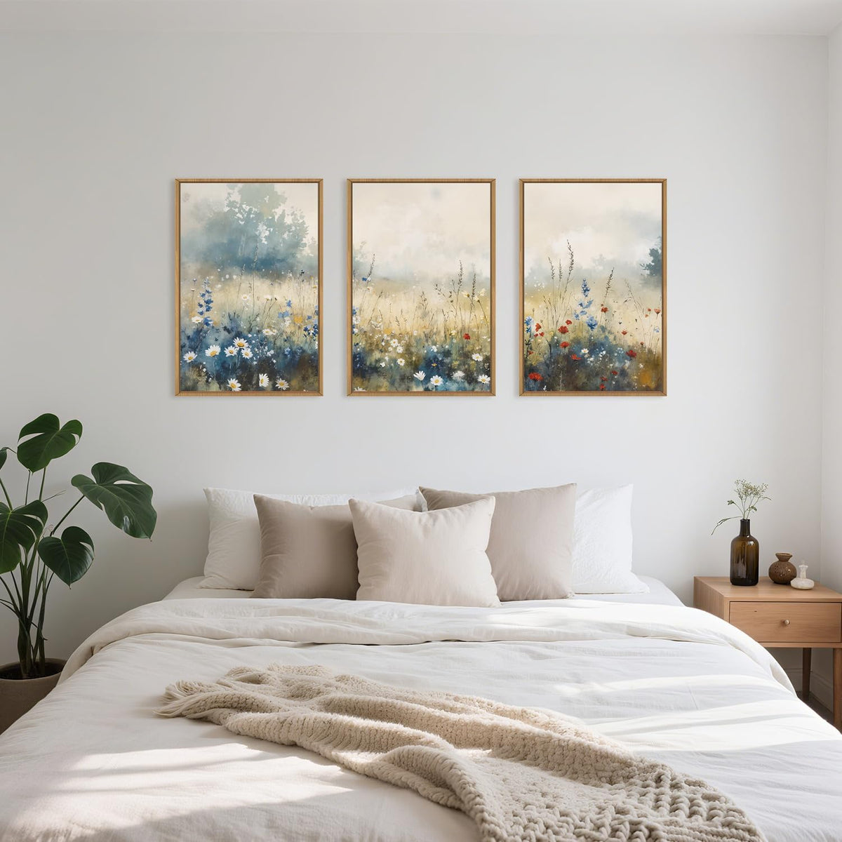 Celestdeco Nature Wildflower Framed Canvas Wall Art Set, Pastoral Landscape Wall Decor, Colorful Meadow Wall Painting, Rustic Floral Art Print for Living Room, Bedroom, Office - 24"X36"X3