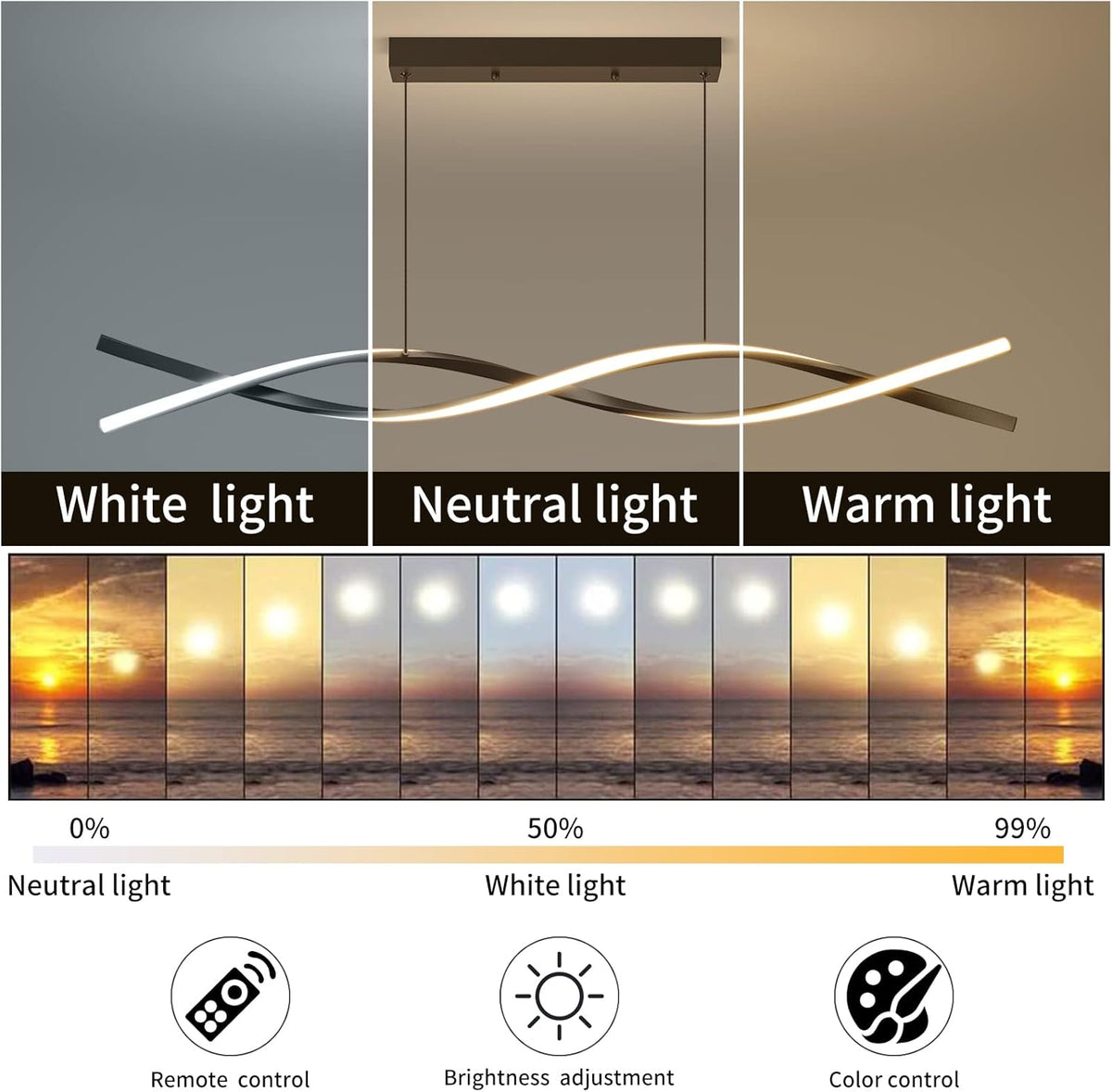 Modern Ceiling Pendant Light, Dimmable LED Pendant Light, Dimmable 3 Color Mode Chandelier for Living Room, Dining Room, Kitchen, Bedroom,Bar(Black, 39IN)