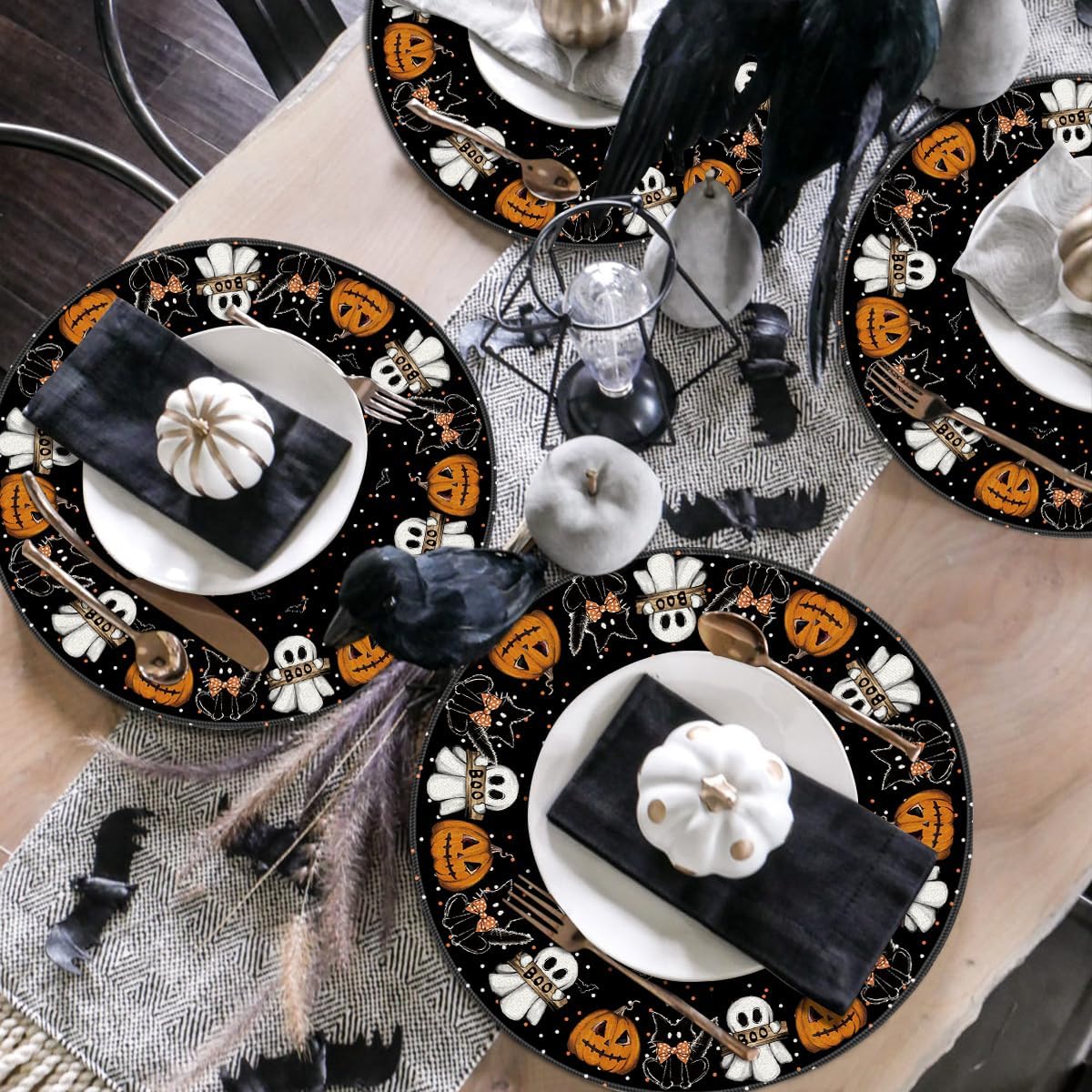 Artoid Mode Ghost Cat Halloween Round Placemats Set of 6, 14 Inch Table Mats for Party Kitchen Dining