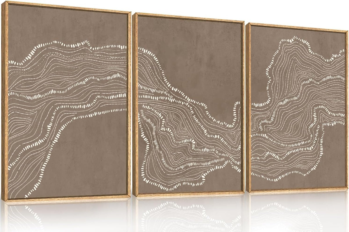 Geometric White Tan Wave Framed Canvas Wall Art Set, Abstract Line Art Painting, Modern Minimalism Wall Decor, Neutral Art Print for Living Room, Bedroom, Dining Room, Office - 16"x24"x3