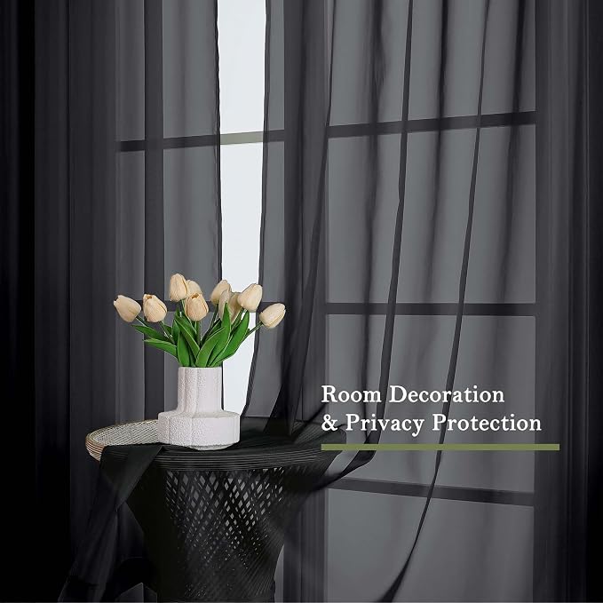 Black Sheer Curtains 96 Inches Long 2 Panels, Solid Airy Voile Dual Rod Pocket - Image 6