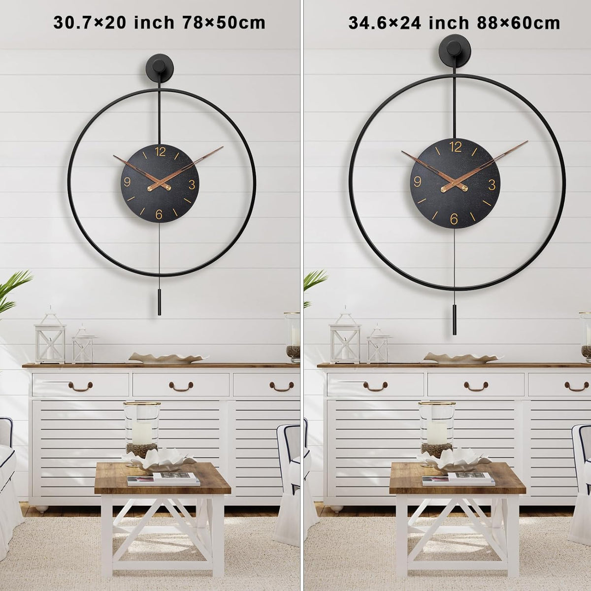 Large Modern Wall Clock,30.7× 20 Inch Big Metal Minimalist Arabic Numeral Dial,Decorative Farmhouse Pendulum Wall Clocks with Walnut Pointers forLiving Room Decor, Office,Dining Room