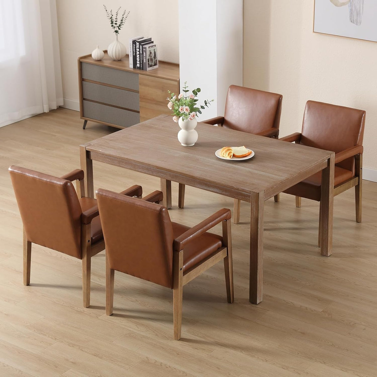 Kmax Modern Dining Chairs Set of 6 Faux Leather Kitchen Arm Chairs Upholstered Accent Chairs with Wooden Legs for Dining Room, Living Room, Bedroom, Brown