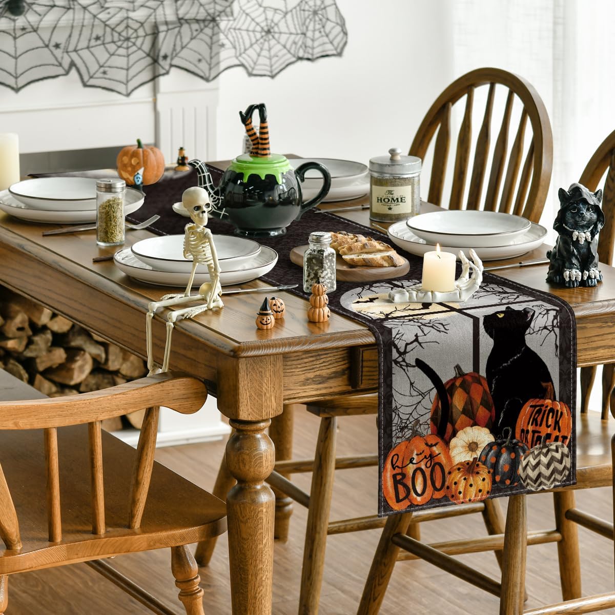Artoid Mode Black Cat Pumpkins Boo Halloween Table Runner, Trick Or Treat Seasonal Kitchen Dining Table Decoration for Home Party Decor 13x90 Inch