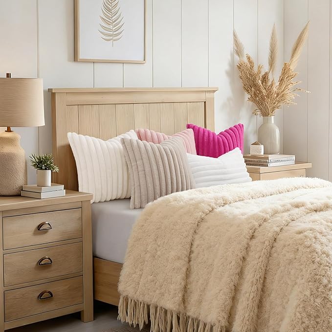 decorUhome Fall Faux Fur Throw Pillow Covers 12x12 Set of 2 Cream White | - Image 6