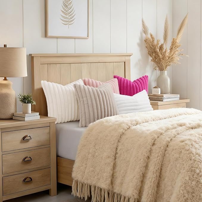 decorUhome Fall Faux Fur Throw Pillow Covers 22x22 Set of 2 Cream White | - Image 6