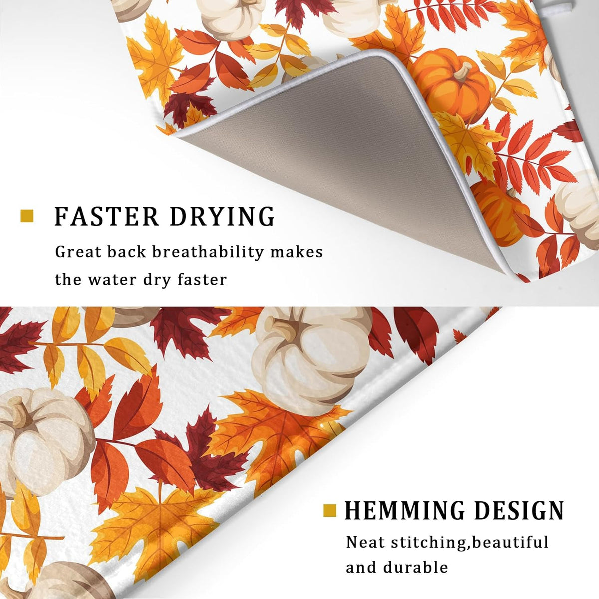 Fall Dish Drying Mat for Kitchen Counter Watercolor Pumpkins Autumn Leaves Thanksgiving Super Absorbent Reversible Microfiber Kitchen Countertop Protector Dishes Pad Large 18x24 inch
