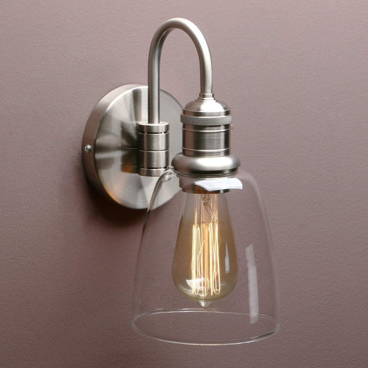 Yosoan 1-Light Brass Modern Vintage Indoor Wall Sconce, Vanity Single Luxury Hardwired Retro Textured Clear Oval Cone Glass Shade with Industrial Gooseneck Curved Rod Bathroom Lamp(Brushed)