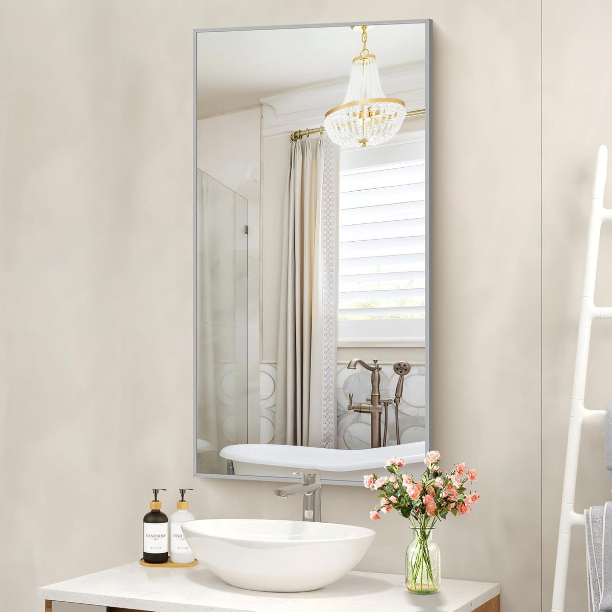 48x24In Silver Bathroom Mirror for Wall, Brushed Nickel Rectangle Mirrors with Metal Frame, Bathroom Rectangular Mirror Modern Wall Mirror for Bedroom Living Room, Hangs Horizontal or Vertical