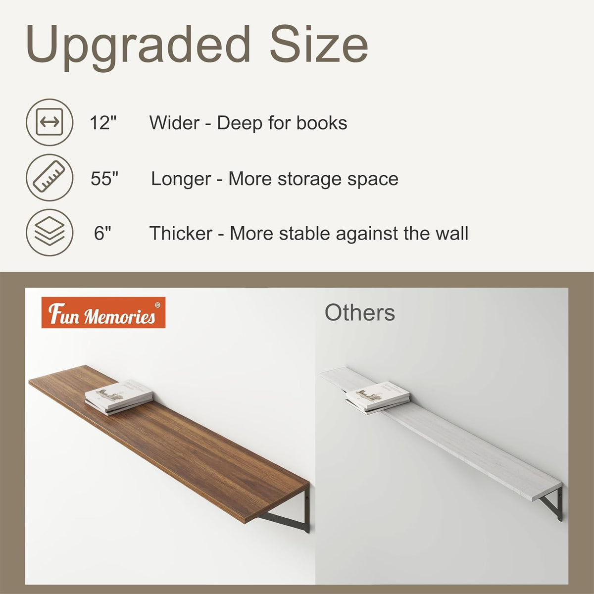 Fun Memories Deep Floating Shelves, 55W x 12D Floating Shelves for Wall, Wood Floating Shelf with Bracket, Wide Display & Storage Wall Shelves for Living Room, Bedroom, Walnut