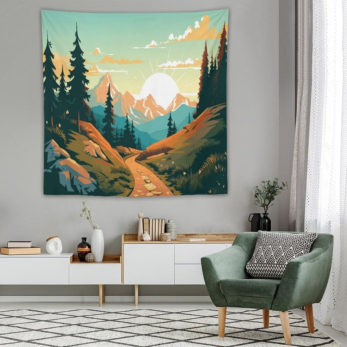 HZOHNAGO Mountain Tapestry Forest Mountain Sunrise Road Pattern Printed Wall Tapestry Wall Hanging for Bedroom Living Room Dorm 60" W x 60" H