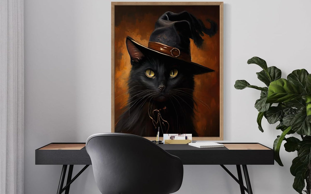 Witch Cat Poster Art Print, Halloween Scary Vintage Wall Art Academia Spooky Painting Decoration for Horror Prints, Gothic Posters Bedroom Decor 89 (Witch Cat, 16 x 20 inches, Wood Frame)