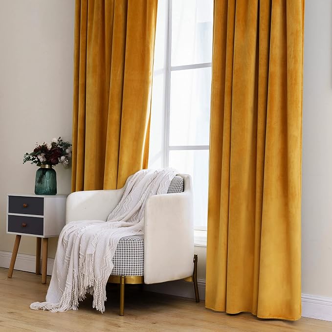MIULEE Velvet Blackout Curtains 52x84 inches 2 Panels Mustard Yellow | Luxury - Image 7
