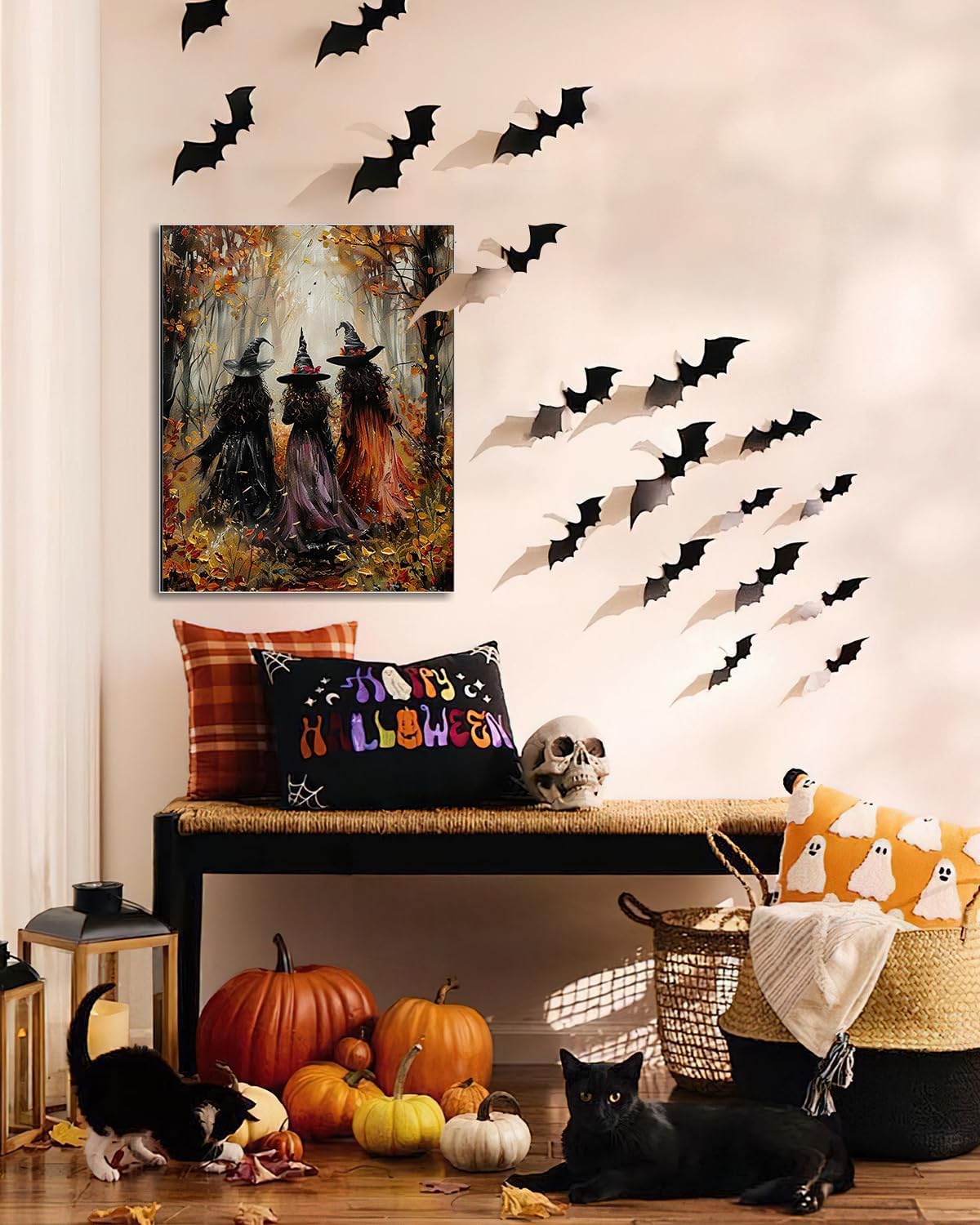 Halloween Canvas Wall Art, Vintage Three Witches Poster, Gothic Dark Academia Wall Decor, Spooky Halloween Decor for Living Room, Bedroom & Bathroom, Framed Fall Decorations Indoor