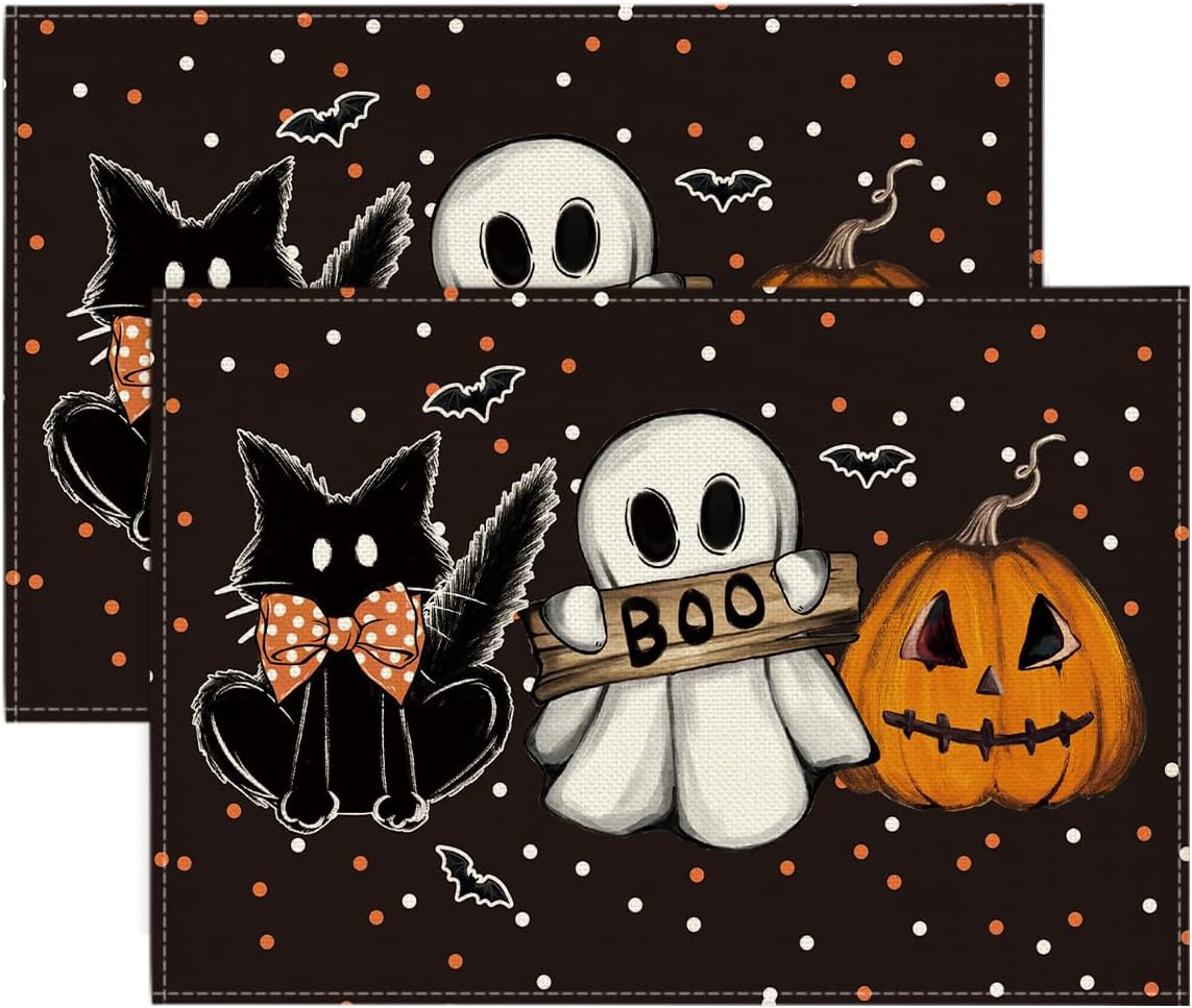 Artoid Mode Polka Dot Ghost Pumpkin Cat Boo Halloween Placemats Set of 2, 12x18 Inch Seasonal Fall Table Mats for Party Kitchen Dining Decoration